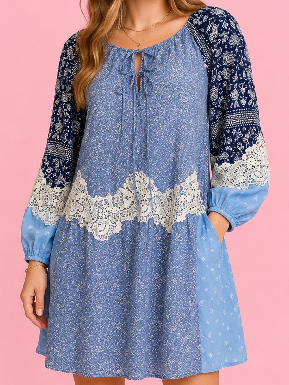 LOFT Lace Paisley Patchwork Mini Dress Blue Boho Pockets Cotton Small